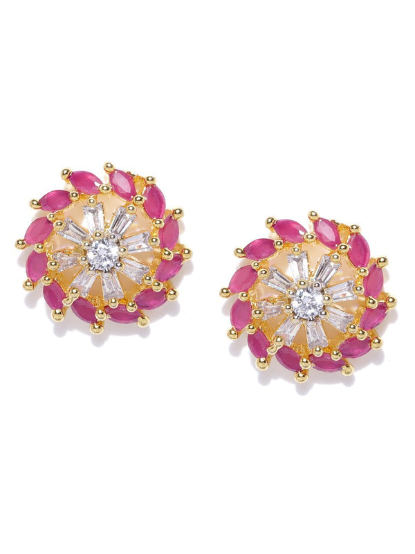 Women's Gold-Plated American Diamond and Ruby Studded Floral Stud Earrings - Priyaasi