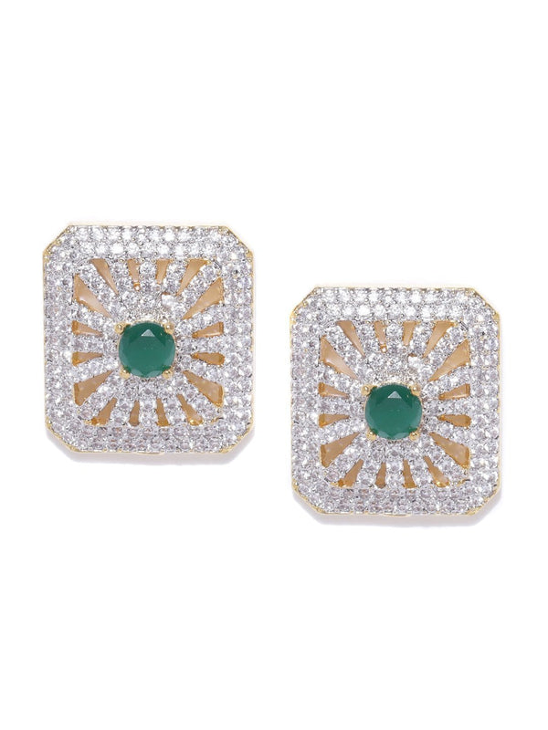 Women's Gold-Plated American Diamond and Emerald Studded Stud Earrings - Priyaasi