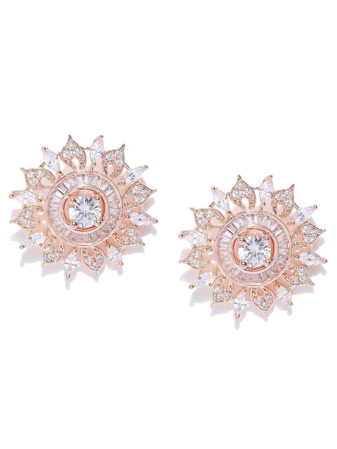 Women's Rose Gold-Plated American Diamond Studded Floral Stud Earrings - Priyaasi - Indiakreations