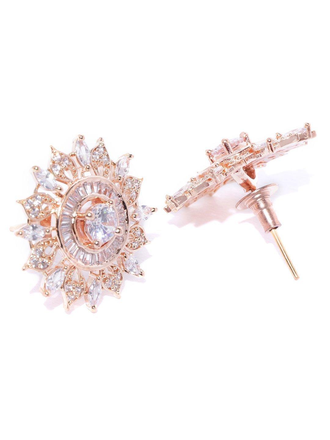 Women's Rose Gold-Plated American Diamond Studded Floral Stud Earrings - Priyaasi - Indiakreations