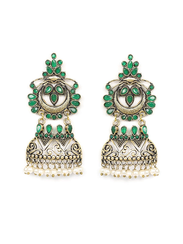Women's  Beads Emerald Gold Plated Oxidised Jhumka Earring - Priyaasi