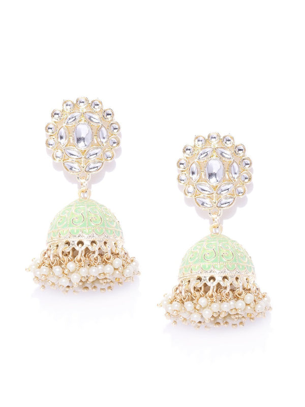 Women's Gold-Plated Kundan Studded Floral Patterned Meenakari Jhumka Earrings in Green Color - Priyaasi