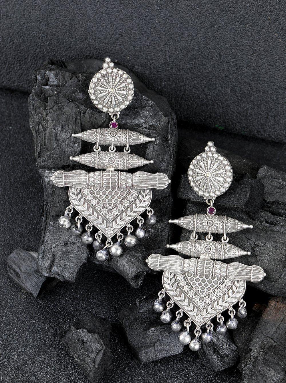 Women's Oxidised Silver-Plated Stone-Studded Classic Drop Earrings - Priyaasi - Indiakreations