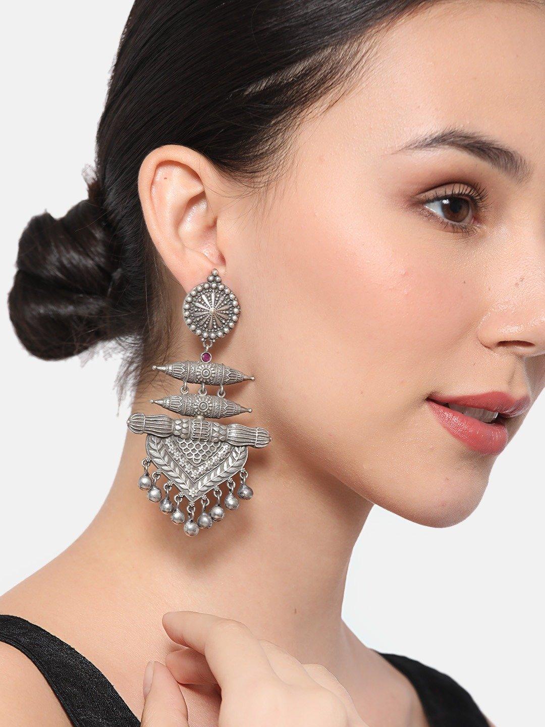 Women's Oxidised Silver-Plated Stone-Studded Classic Drop Earrings - Priyaasi - Indiakreations