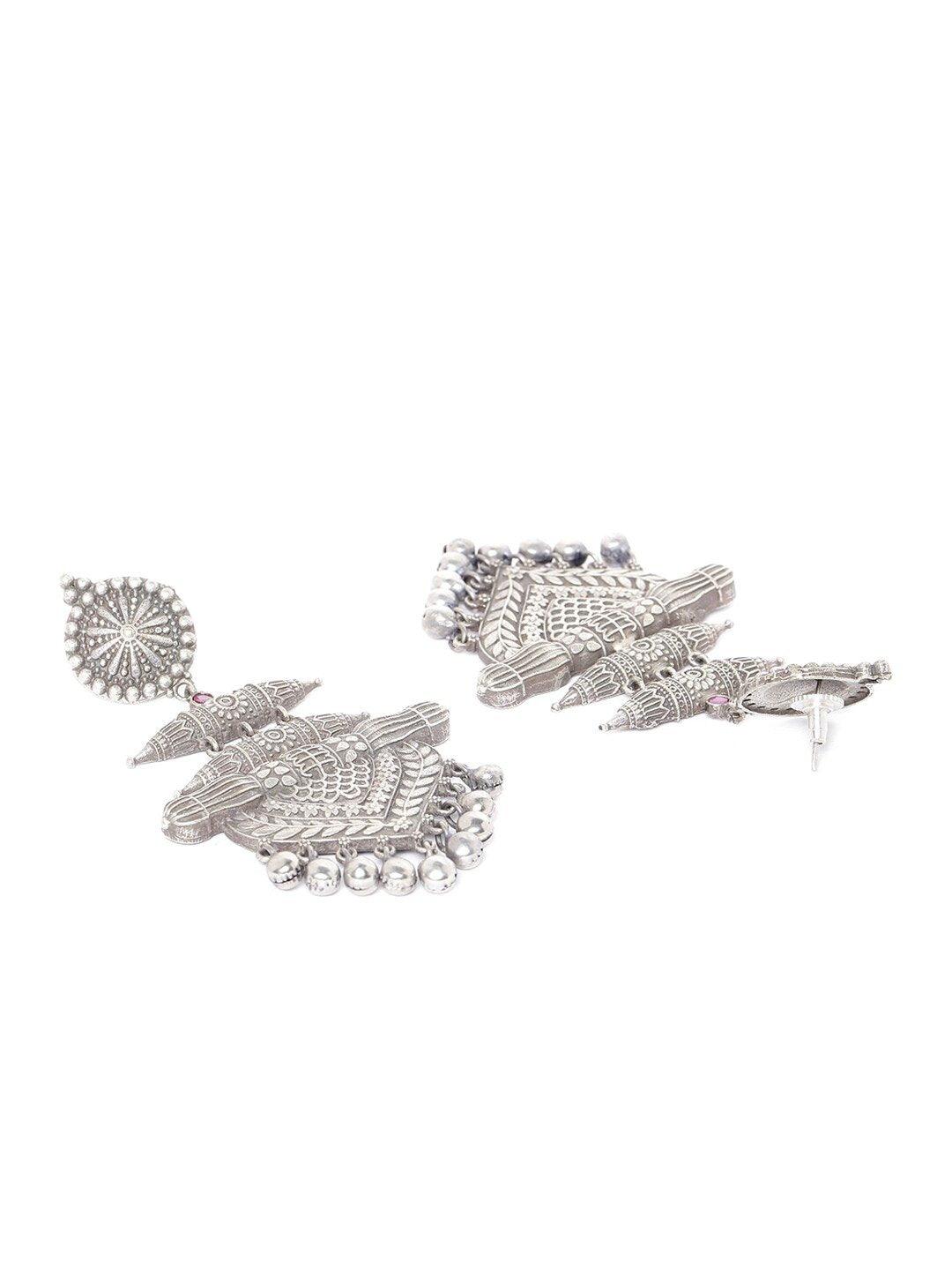 Women's Oxidised Silver-Plated Stone-Studded Classic Drop Earrings - Priyaasi - Indiakreations