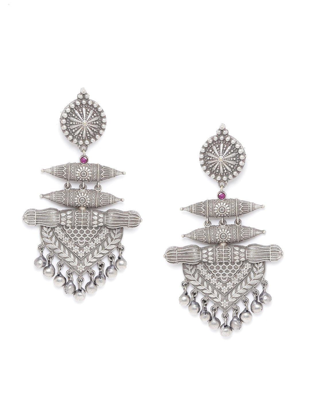 Women's Oxidised Silver-Plated Stone-Studded Classic Drop Earrings - Priyaasi - Indiakreations