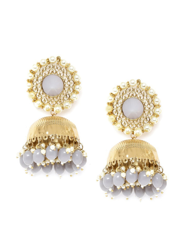 Women's Grey Gold-Plated Beaded Dome Shaped Jhumkas - Priyaasi