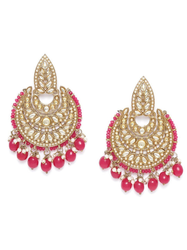 Women's Gold-Plated Stone Studded Chandbali With Mehroon Beads - Priyaasi