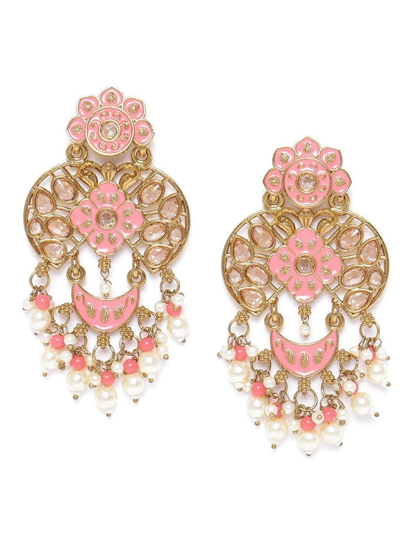 Women's Gold-Plated Stone Studded Drop Earrings with Pearl Drop in Peach Color - Priyaasi