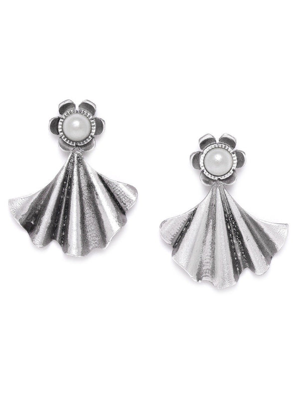 Women's Oxidised Silver-Plated Pearl studded floral inspired Drop earrings - Priyaasi