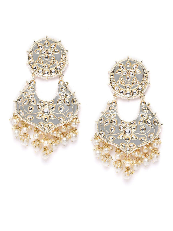 Women's Kundan Studded and Beaded Grey Colored Earrings - Priyaasi