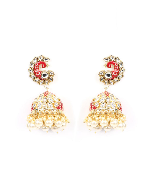 Women's Red Beads Pearls Stones Gold Plated Peacock Jhumka Earring - Priyaasi