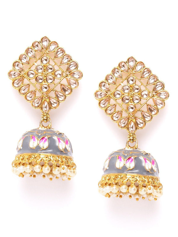 Women's Grey Colored Kundan Studded and Beaded Earrings - Priyaasi