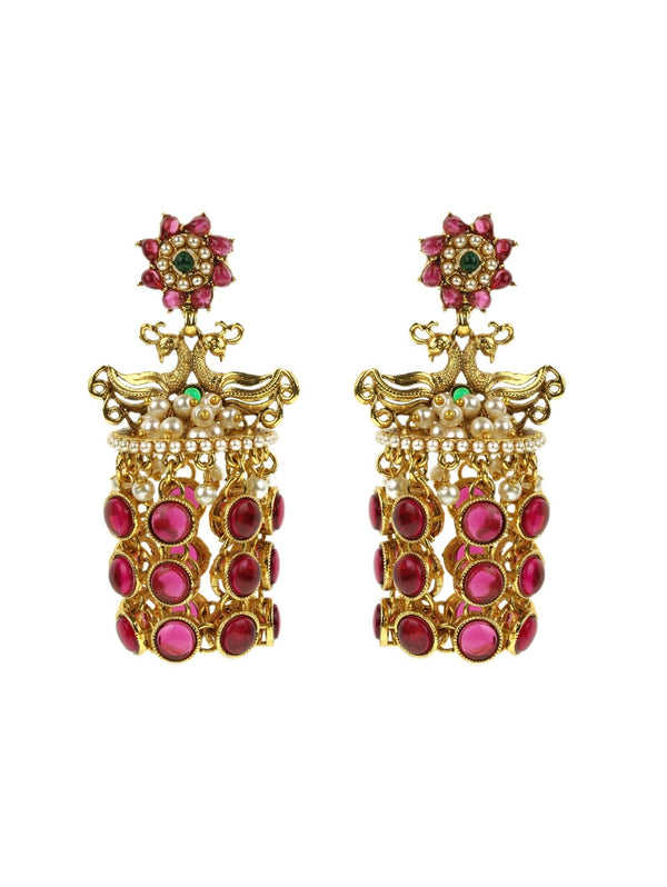 Women's Ruby studded and beaded Peacock shaped Earring - Priyaasi