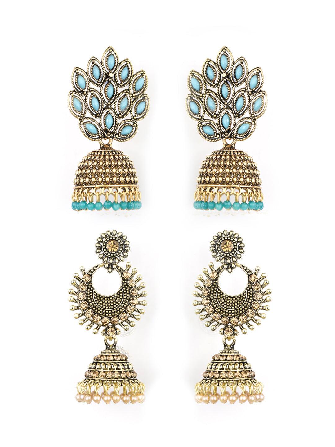 Women's Combo Set of 2 Blue Beads Gold Plated Traditional Jhumka Earring - Priyaasi - Indiakreations