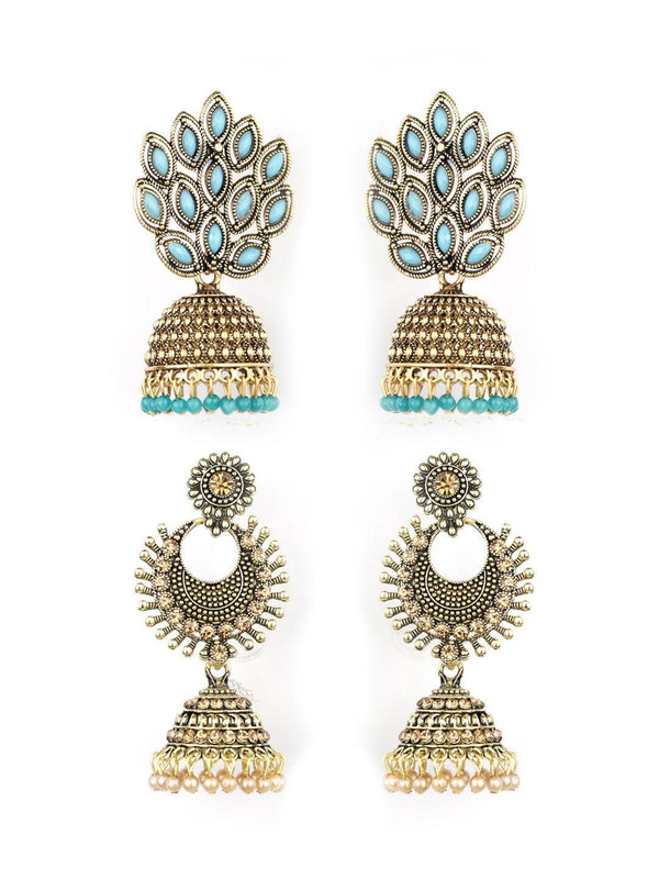 Women's Combo Set of 2 Blue Beads Gold Plated Traditional Jhumka Earring - Priyaasi - Indiakreations