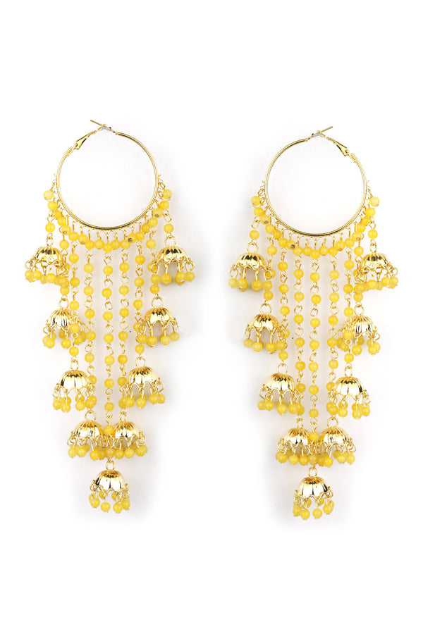 Women's  Yellow Beads Gold Plated Hooped Traditional Drop Earring - Priyaasi