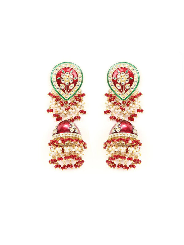 Women's Maroon Beads Kundan Gold Plated Jhumka Earring with Maang Tikka - Priyaasi - Indiakreations