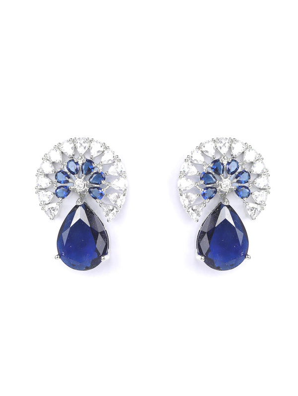 Women's Royal Azure - Blue American Diamond Silver Plated Drop Earring - Priyaasi