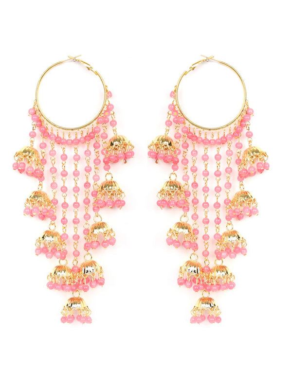 Women's  Pink Beads Gold Plated Hoop Earring - Priyaasi