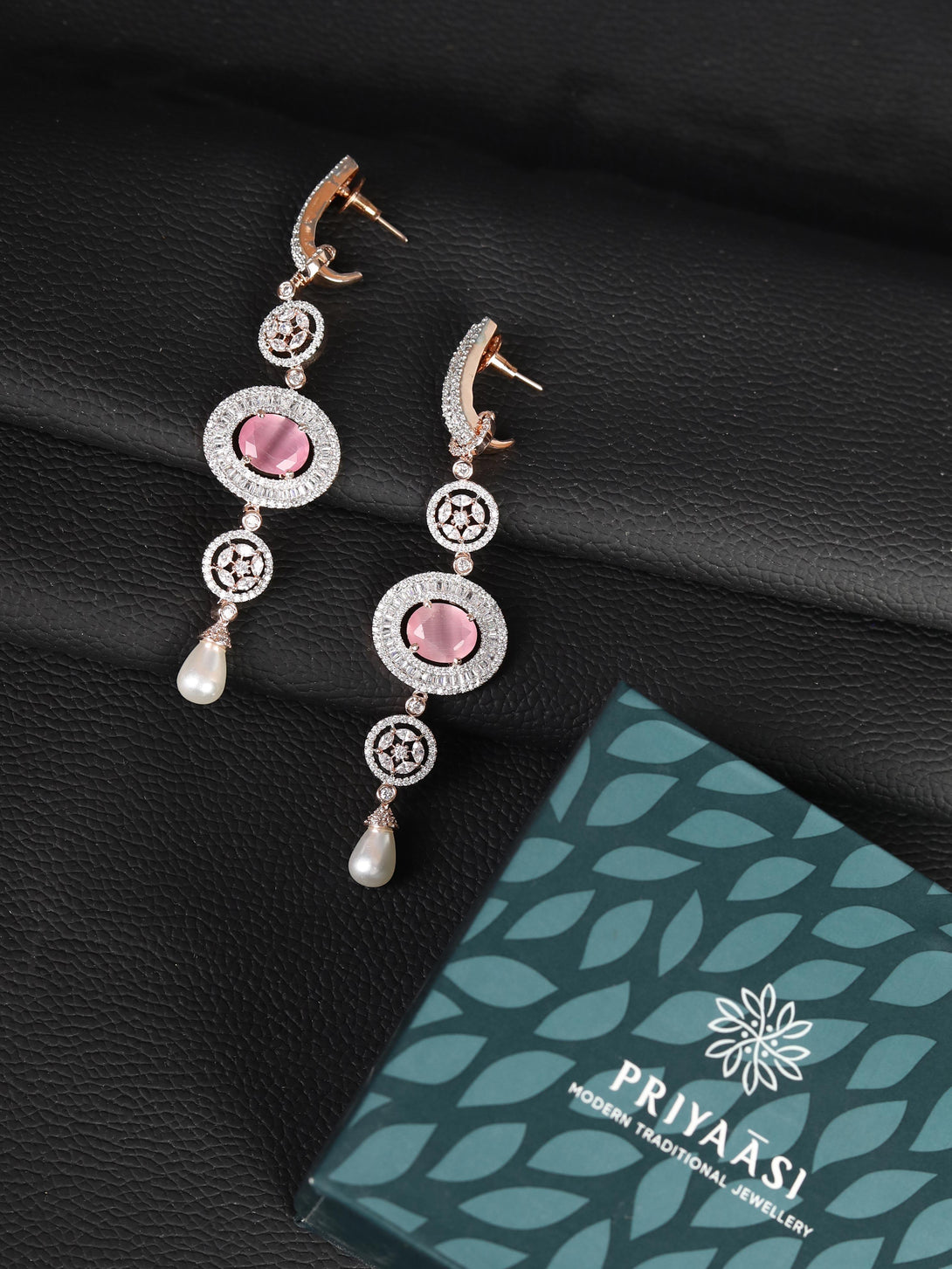 Women's Pink Stones Pearls American Diamond Drop Earring - Priyaasi - Indiakreations