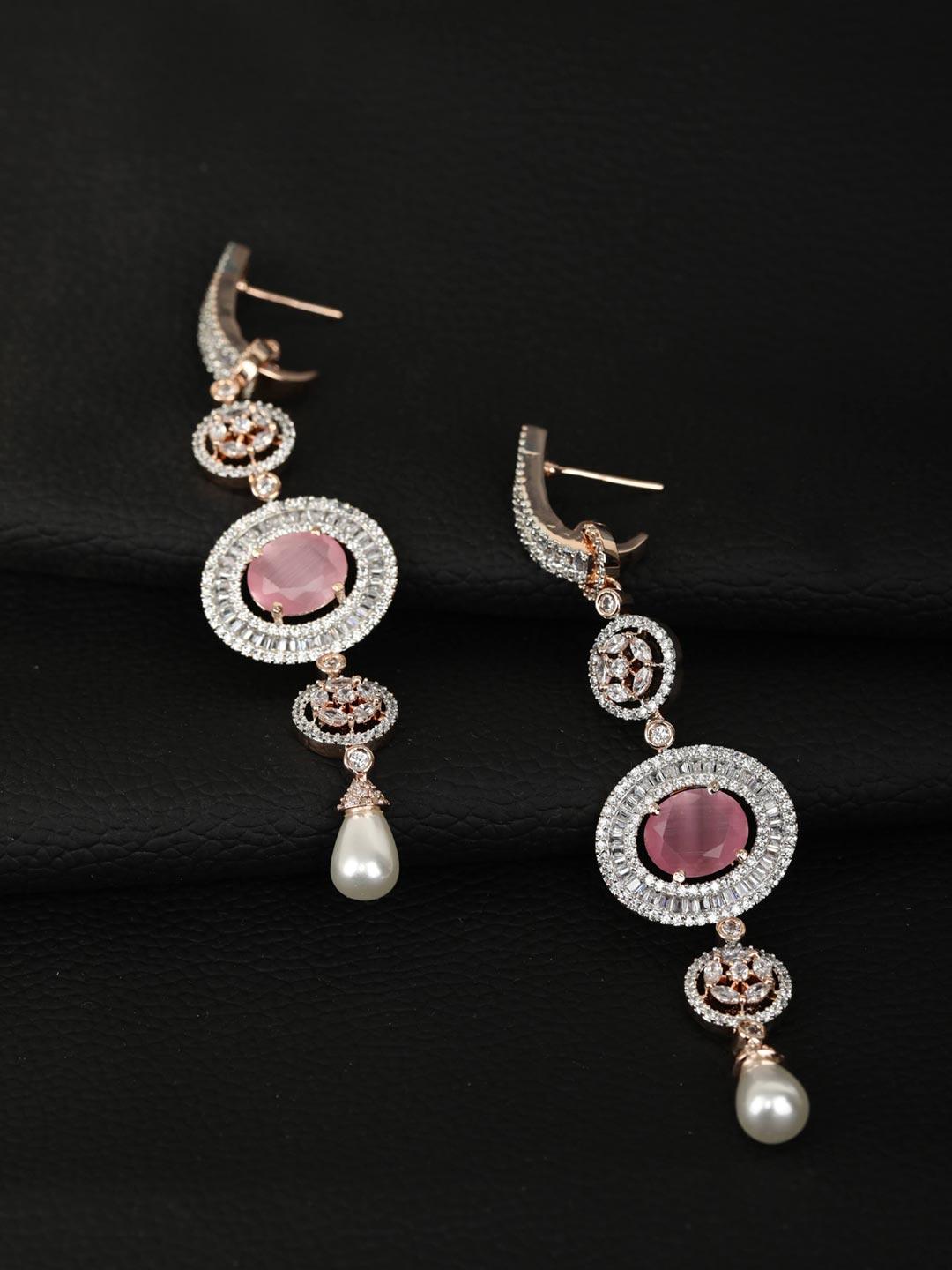 Women's Pink Stones Pearls American Diamond Drop Earring - Priyaasi - Indiakreations