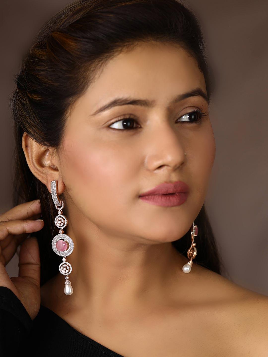 Women's Pink Stones Pearls American Diamond Drop Earring - Priyaasi - Indiakreations