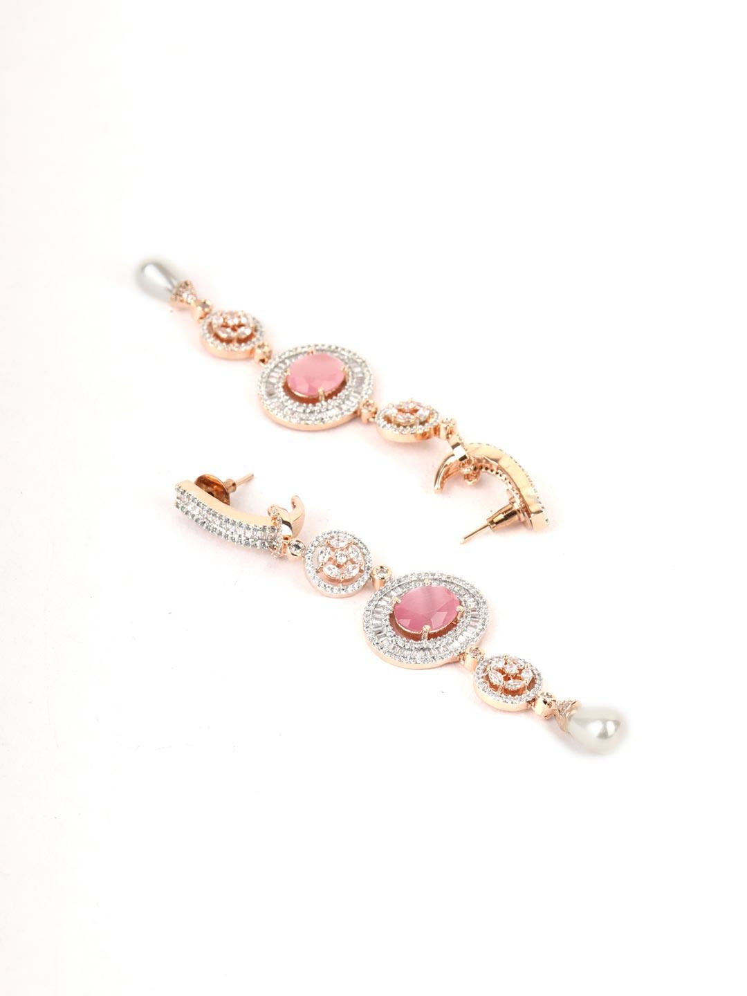 Women's Pink Stones Pearls American Diamond Drop Earring - Priyaasi - Indiakreations