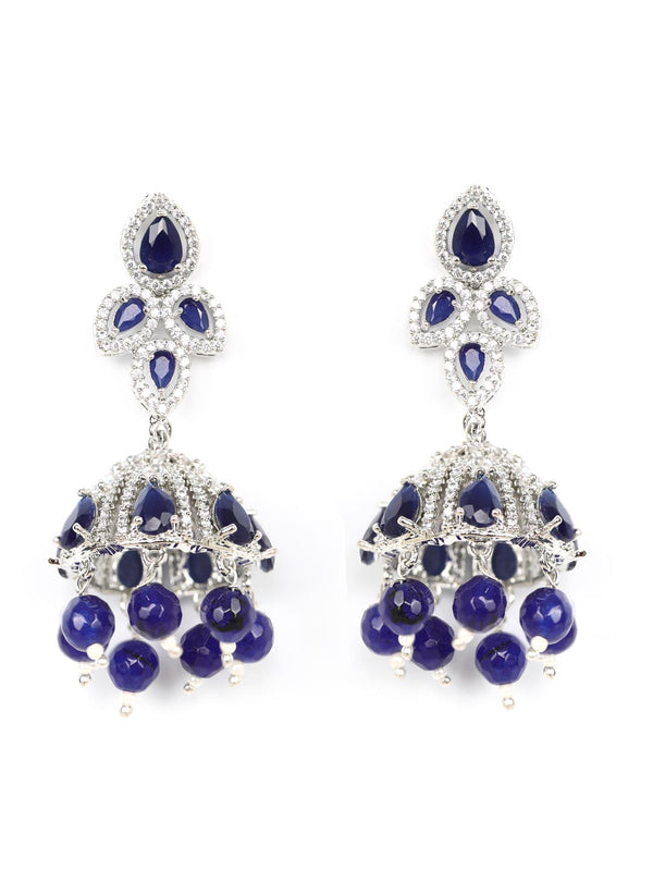Women's  Drop Stunner - Blue Stones Beads American Diamond Jhumka Earrings - Priyaasi