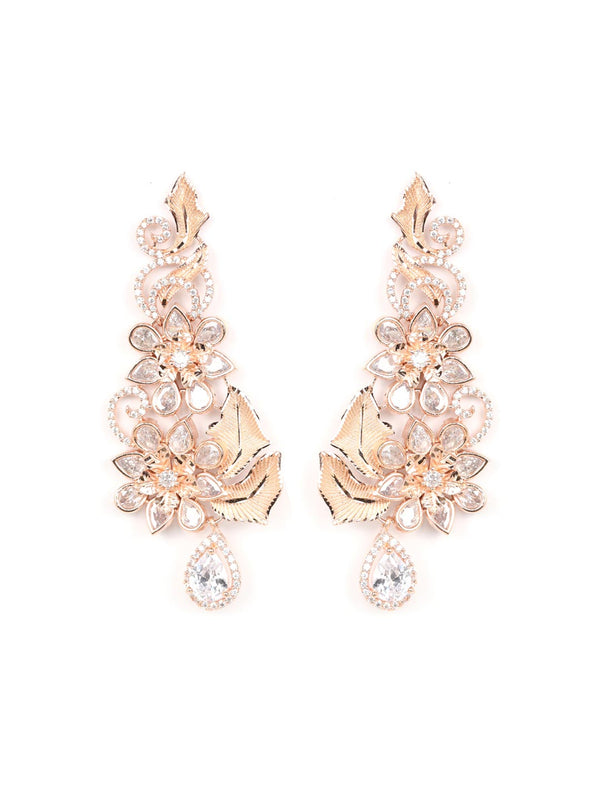 Women's Rose Gold Plated American Diamond Floral Drop Earring - Priyaasi