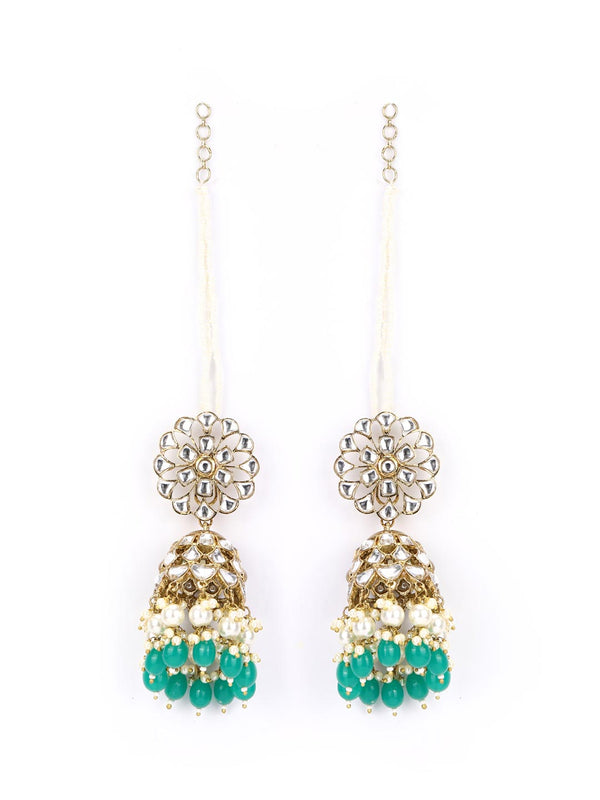 Women's Green White Pearls Beads Kundan Gold Plated Floral Chained Jhumka Earring - Priyaasi