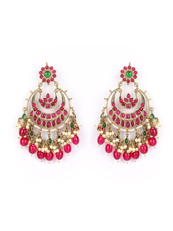 Women's Ruby Beads Stones Gold Plated Chandbali Earring - Priyaasi