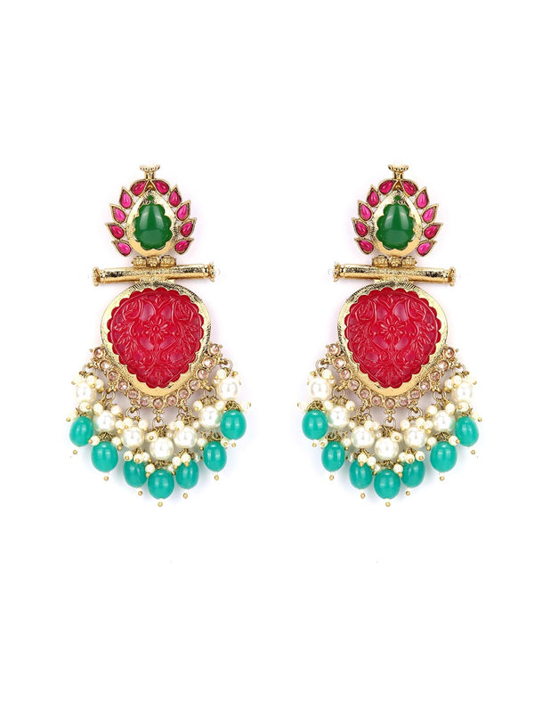 Women's Red Green Pearls Beads Stones Gold Plated Drop Earring - Priyaasi