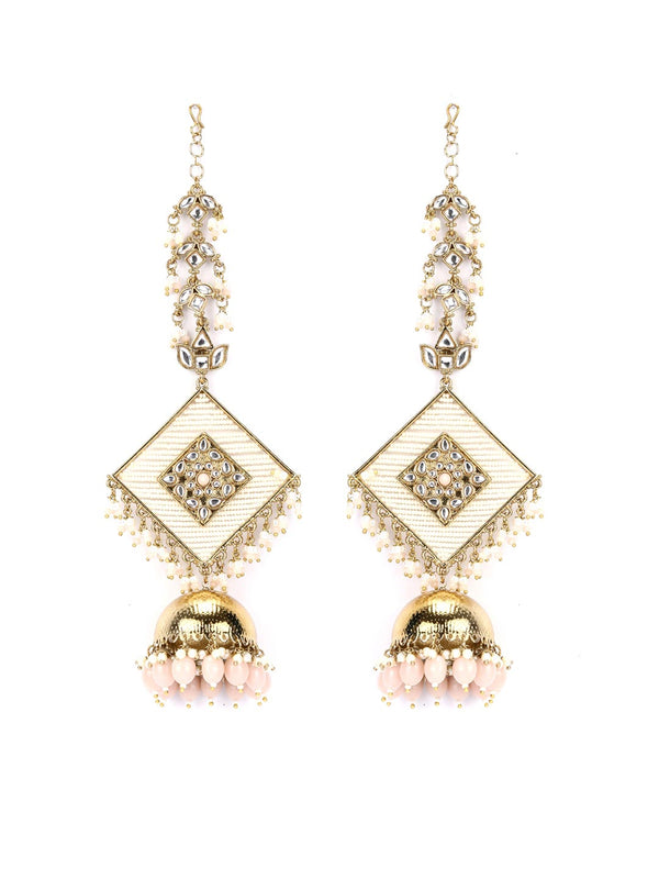 Women's Pink White Beads Pearls Kundan Gold Plated Chained Jhumka Earring - Priyaasi