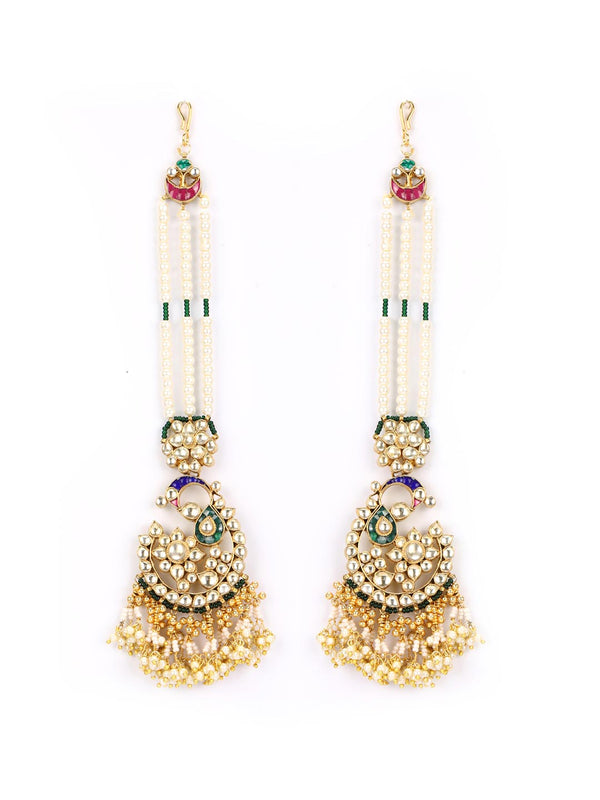 Women's Beads Pachi Kundan Gold Plated Chained Peacock Jhumka Earring - Priyaasi