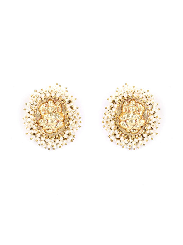 Women's White Beads Gold Plated Temple Stud Earring - Priyaasi