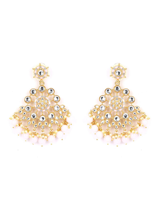 Women's Pink Grey Pearls Kundan Gold Plated Drop Earring - Priyaasi