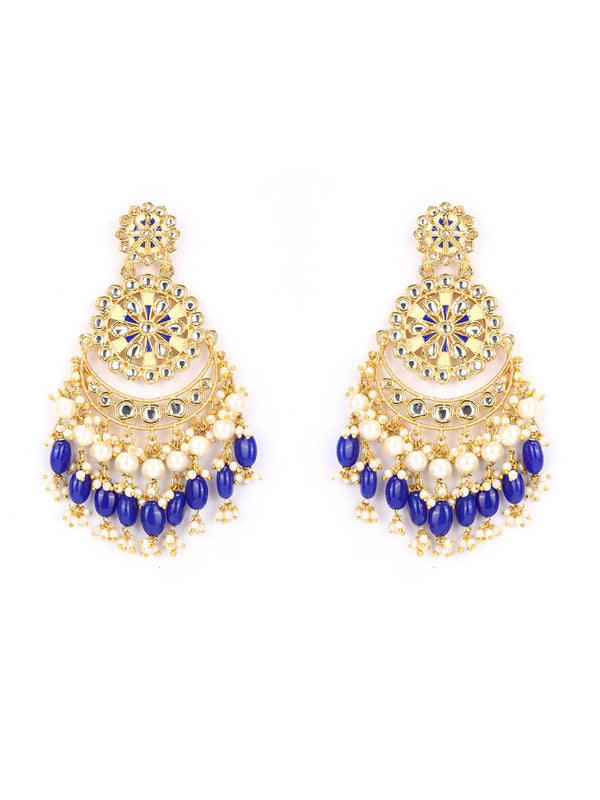 Women's Blue Pearls Beads Kundan Gold Plated Chandbali Earring - Priyaasi