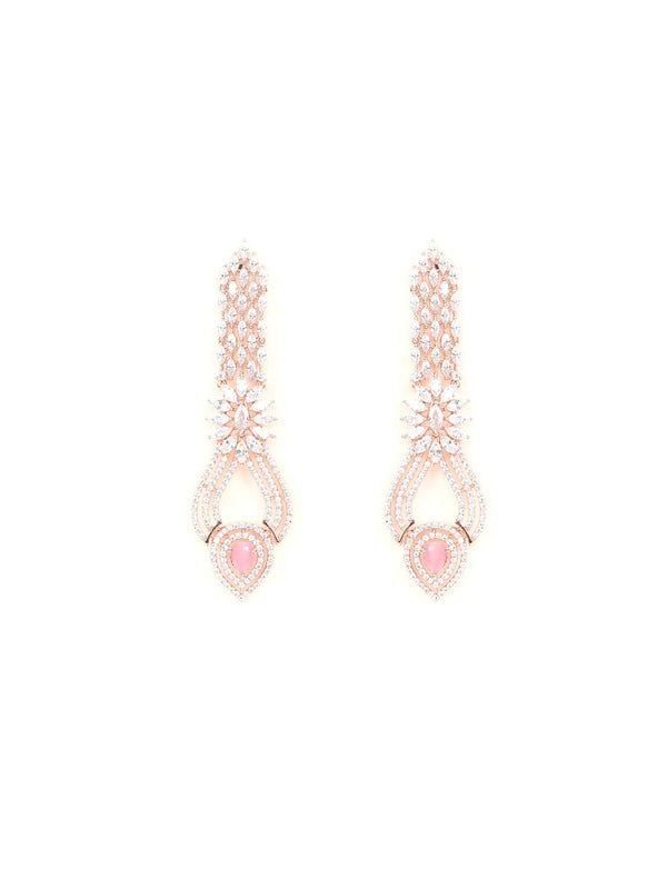 Women's Darling Roseate-Pink Stones American Diamond Rose Gold Plated Drop Earring - Priyaasi