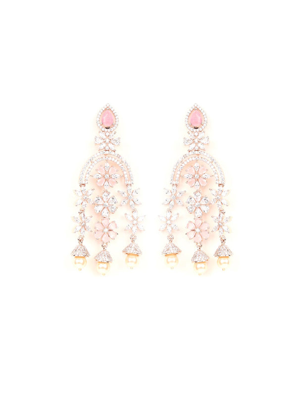 Women's Dreamy Descend - Pink Stones Pearls American Diamond Rose Gold Floral Drop Earring - Priyaasi