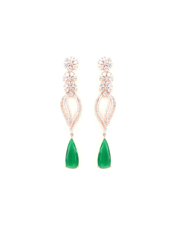 Women's Emerald American Diamond Rose Gold Plated Floral Drop Earring - Priyaasi