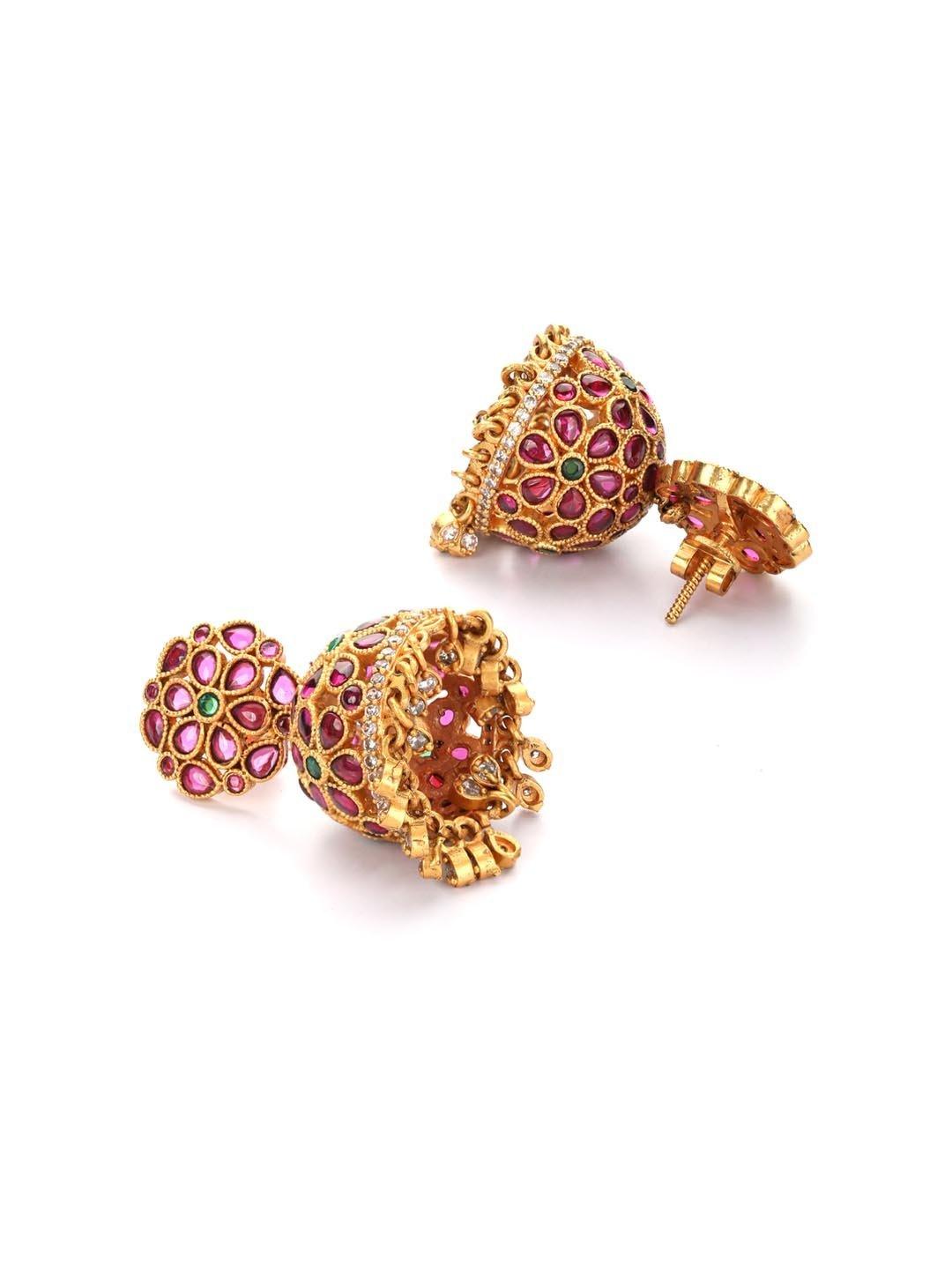 Women's Ruby Stones Beads Gold Plated Jhumka Earring - Priyaasi - Indiakreations