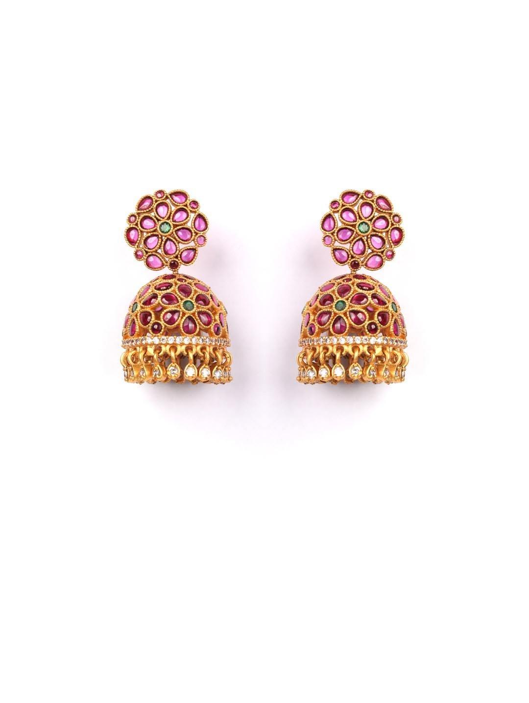 Women's Ruby Stones Beads Gold Plated Jhumka Earring - Priyaasi - Indiakreations