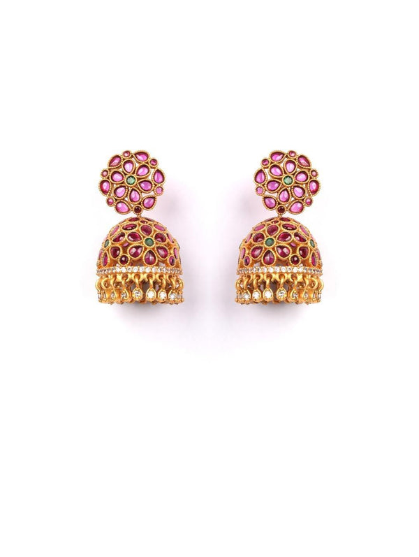 Women's Ruby Stones Beads Gold Plated Jhumka Earring - Priyaasi - Indiakreations