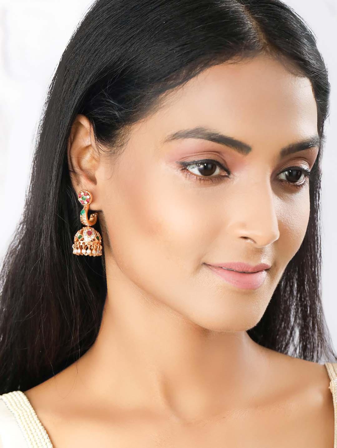 Women's Multi-Color Stones Gold Plated Jhumka Earring - Priyaasi - Indiakreations