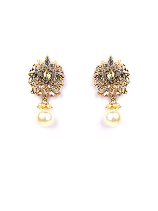 Women's Blue Pearls Kundan Gold Plated Peacock Drop Earring - Priyaasi