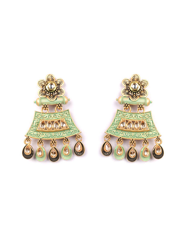 Women's Sea Green Blue Kundan Gold Plated Floral Drop Earring - Priyaasi