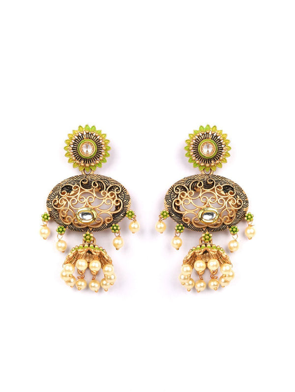 Women's Green Kundan Beads Gold Plated Jhumka Earring - Priyaasi