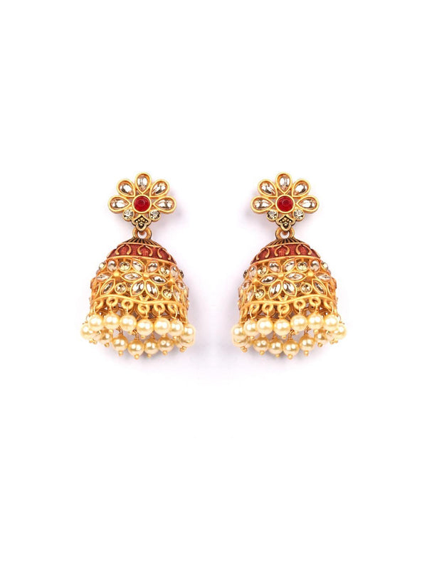 Women's Red Beads Kundan Gold Plated Jhumka Earring - Priyaasi