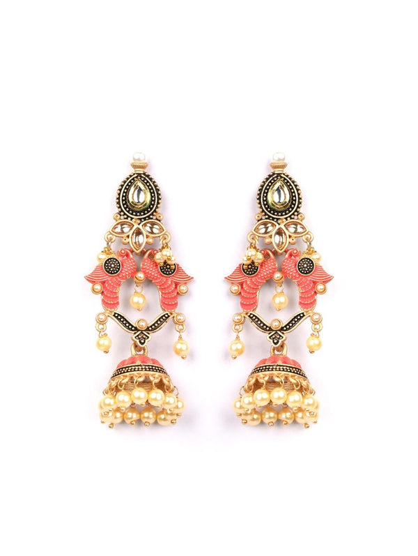 Women's Pink Black Kundan Pearls Gold Plated Peacock Jhumka - Priyaasi